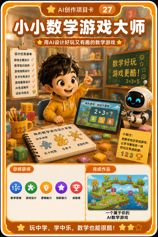 AI创作成就卡片：小小数学游戏大师